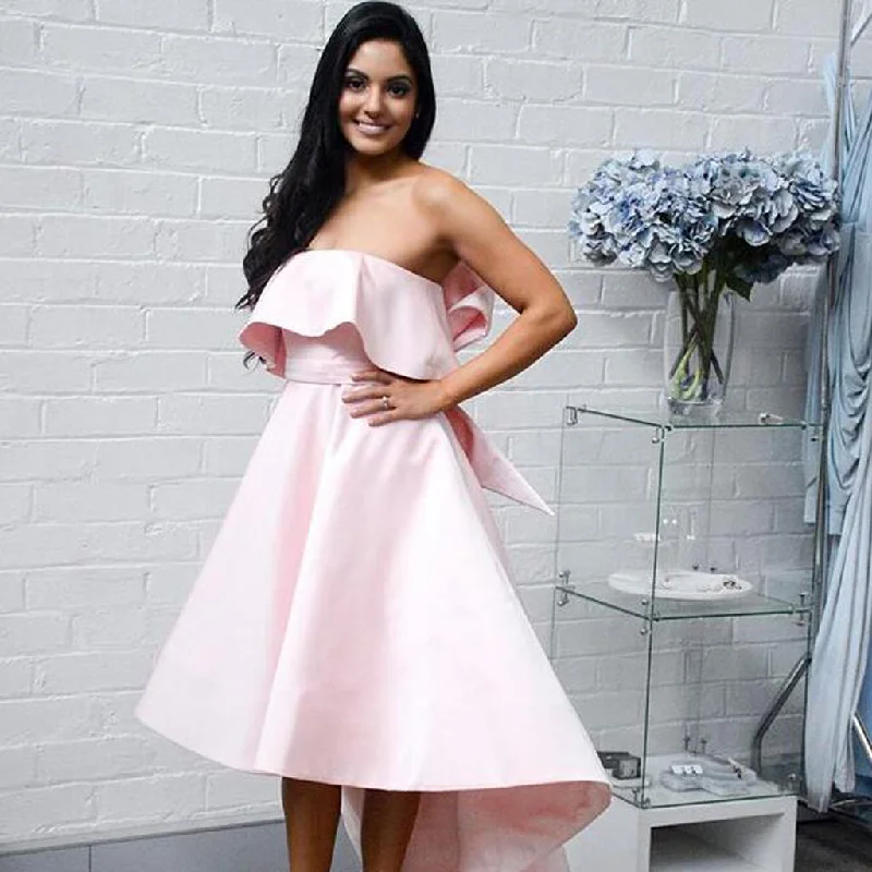 Pink Off the Shoulder Prom Dress with Bow-Knot, High-Low A-Line Satin Prom Dress, KX593 Casual Short Summer