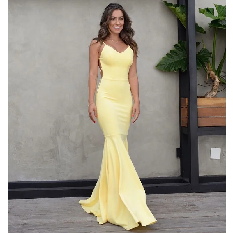 Charming Yellow Backless Prom Dress, Mermaid Spaghetti Straps Satin Prom Dress, KX501 empire Waist empire