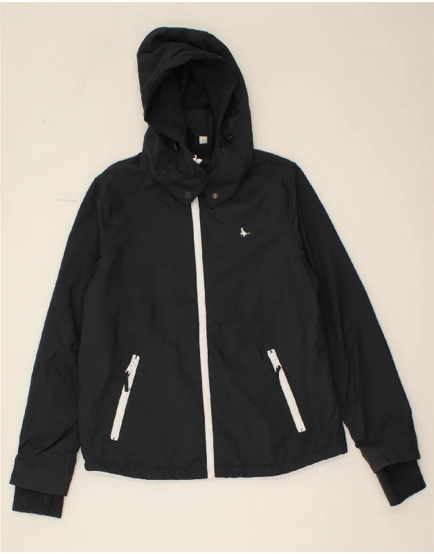 JACK WILLS Womens Hooded Rain Jacket UK 10 Small Black Nylon Zippered Front Buttoned Front Snap Front