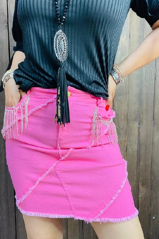 Pink color rhinestone/tassels skirts for women DLH13628 relaxed fit skirt