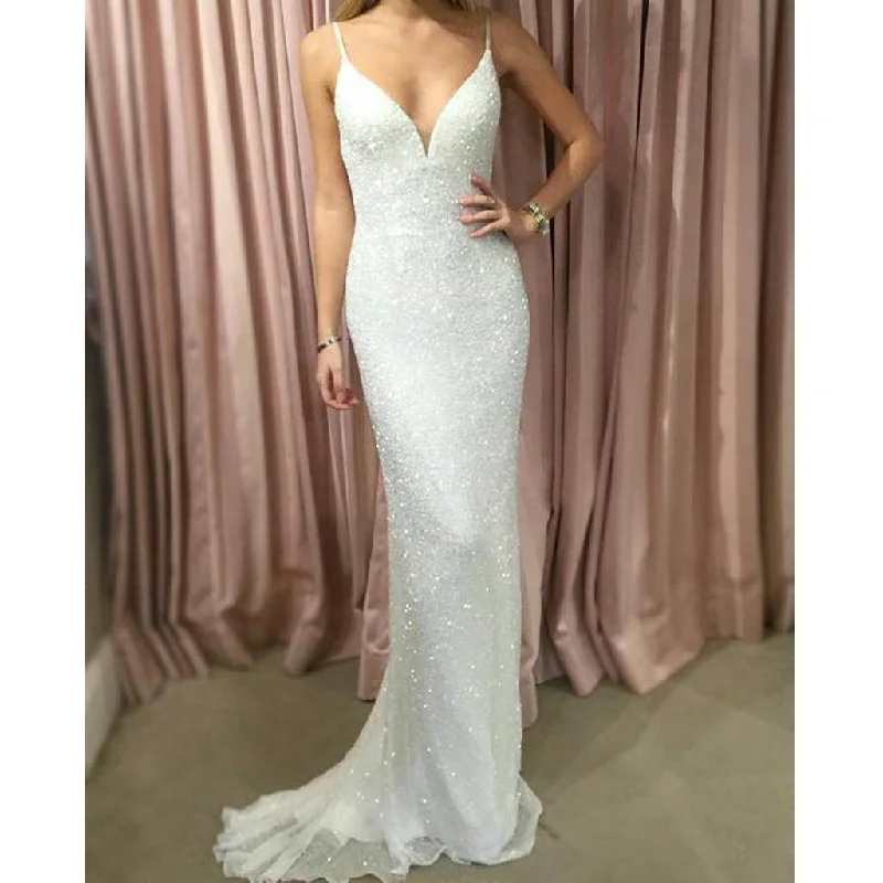 White Sequin Prom Dress, Spaghetti Straps V-Back Prom Dress, KX214 Tunics Seasonal trendy