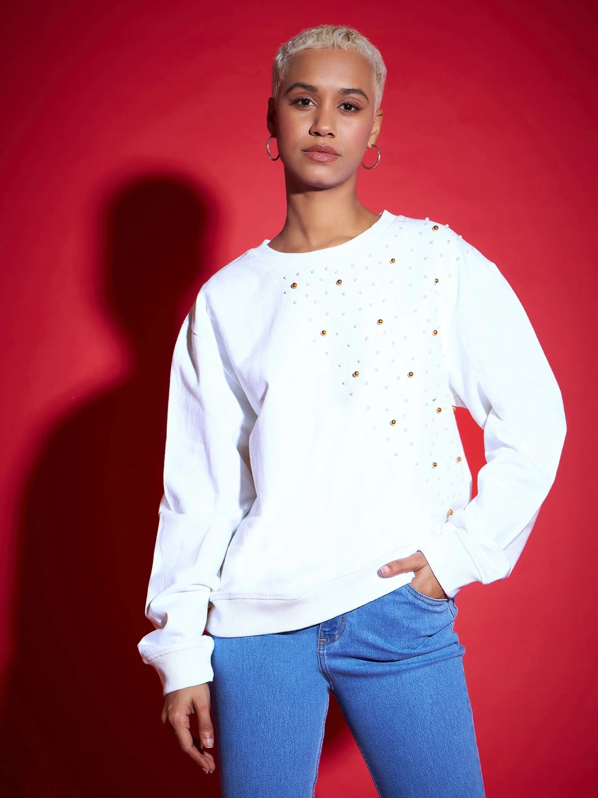 Women White Terry Pearl Embellished Oversized Sweatshirt Hoodie with Applique Textured Unique