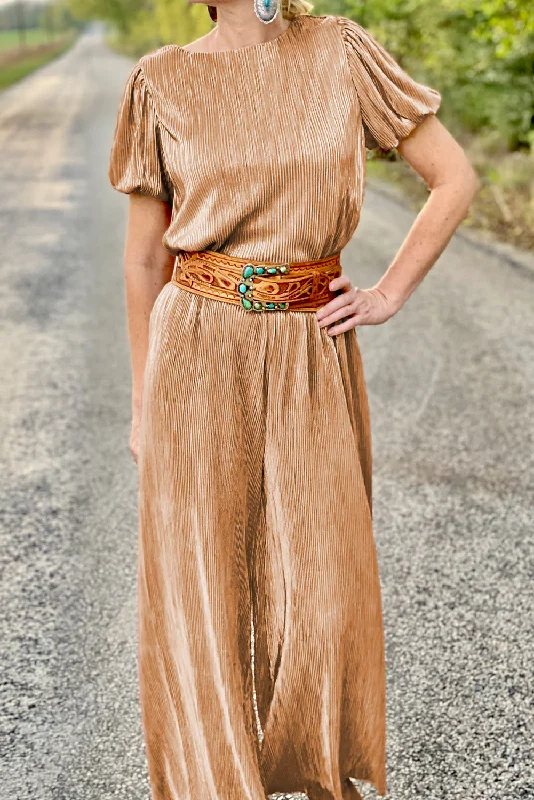 Clay Pleated Bubble Sleeve Top and Wide Leg Pants Set Chic Faux Leather Pants