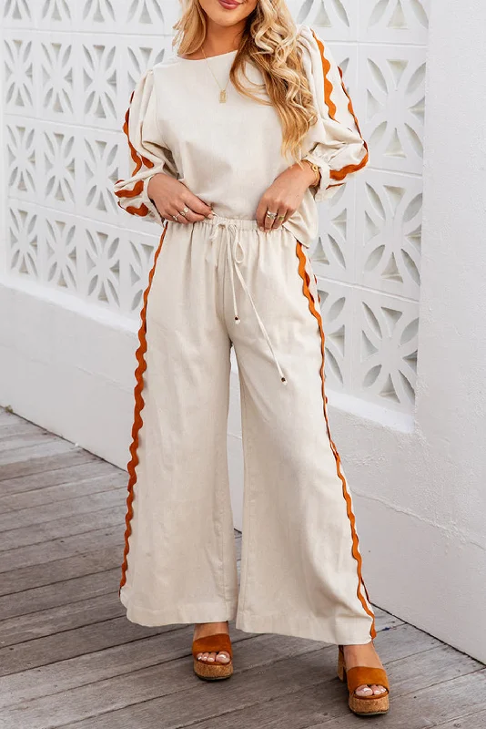 White Colorblock Ric Rac Trim Sleeve Top and Wide Leg Pants Set Stretch Fit Pants