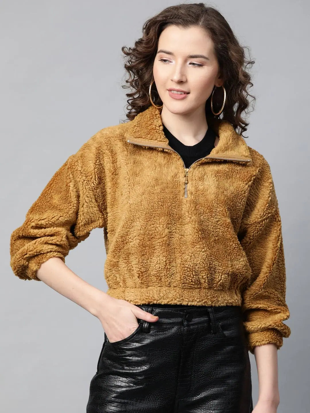 Mustard Zip Front Faux Fur Crop Sweatshirt Hoodie with Batwing Sleeves Loose Dramatic