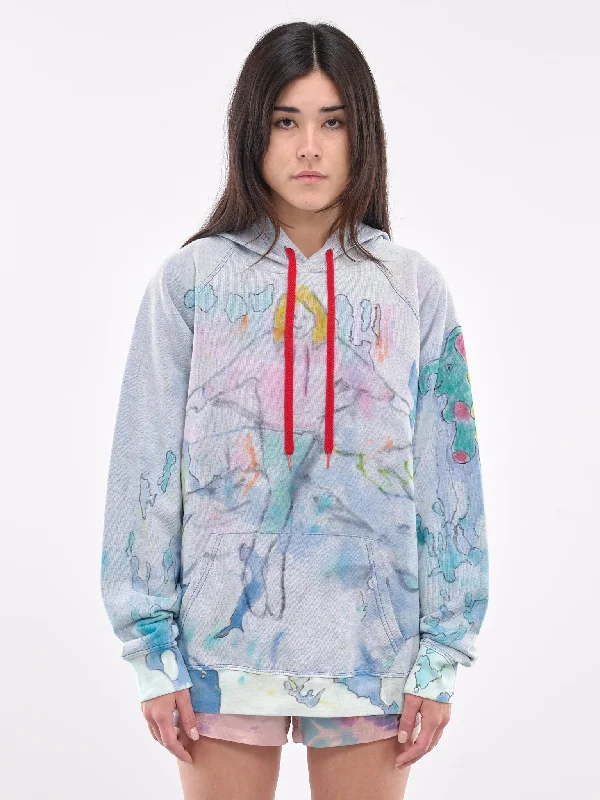 Hand Dyed & Illustrated Hoodie (CB24HL03-BEIGE-BLUE-MULTI) Hoodie with Drawstring Waist Adjustable Fitted