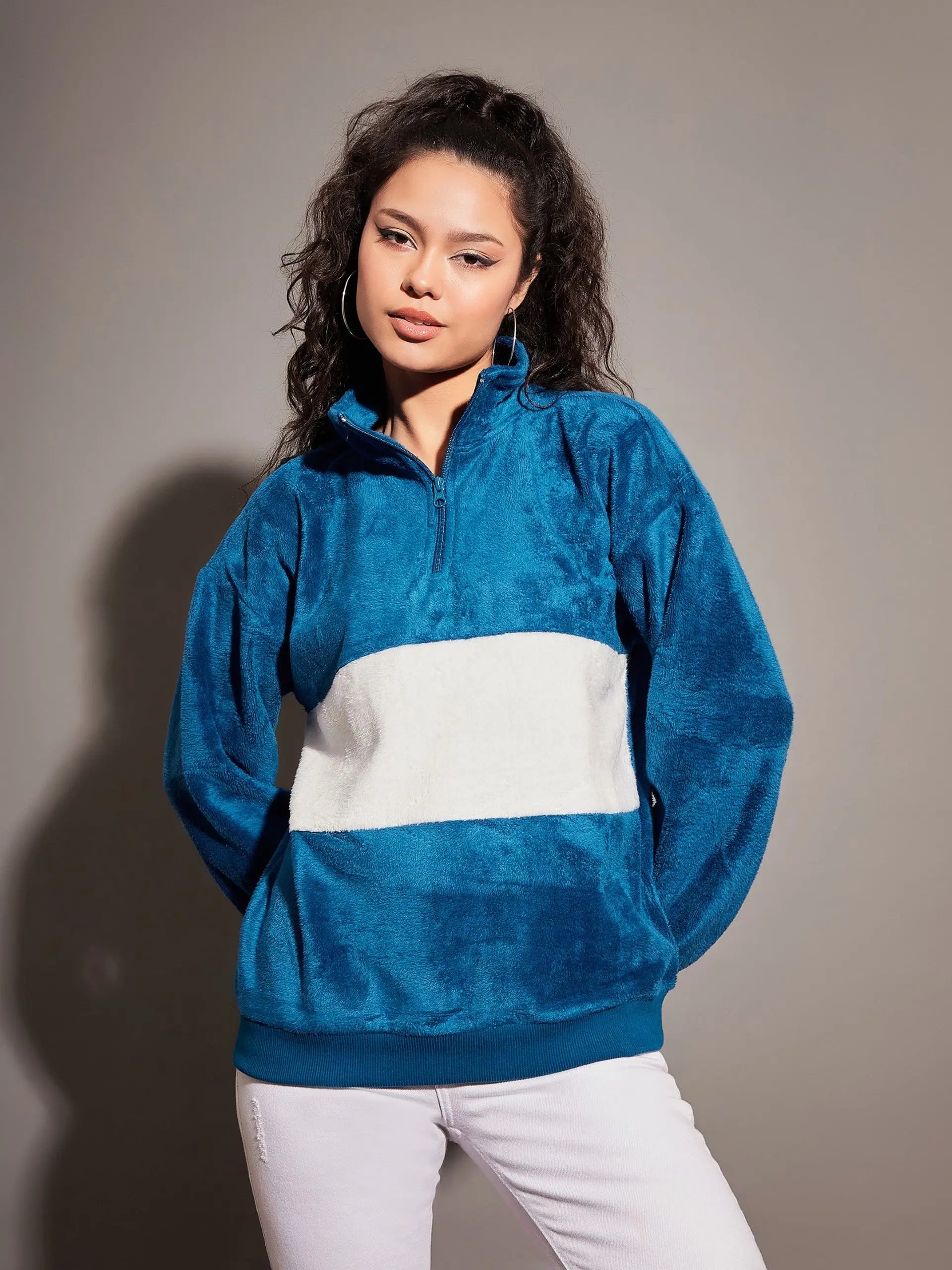 Women Airforce Blue Fur Colour Block High Neck Sweatshirt Hoodie with Pastel Soft Subtle