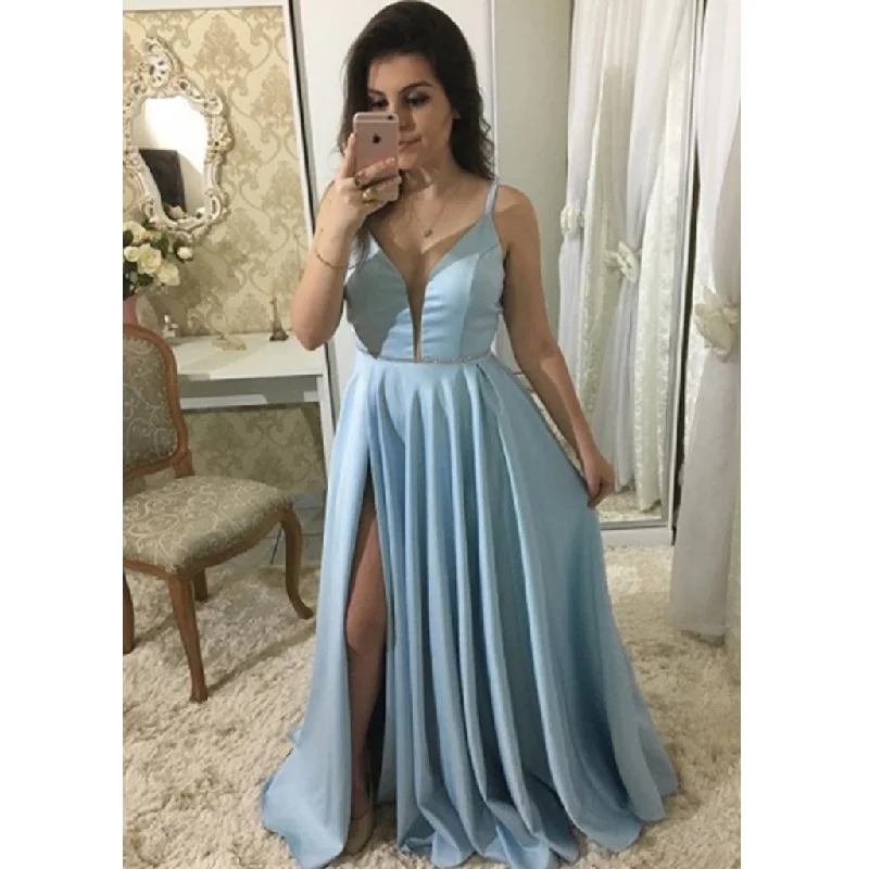 Light Blue Satin A-Line Prom Dress, Spaghetti Straps Backless Slit Prom Dress, KX168 Boat Neckline Classic