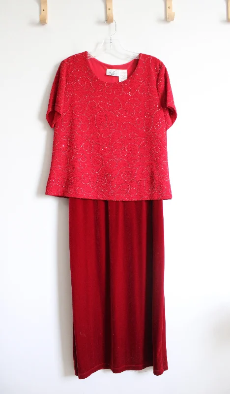 Kathie Lee Collection Red Sequined Swirl Velvet Dress | L Tunics Yoga stretchy