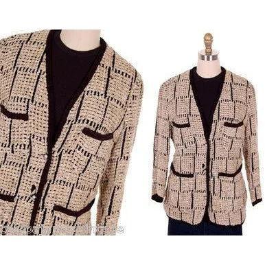 Ladies Blazer Jacket Chenille Black/Taupe Bestini Paris Large Chanel Styling Cardigan Sweater Pullover