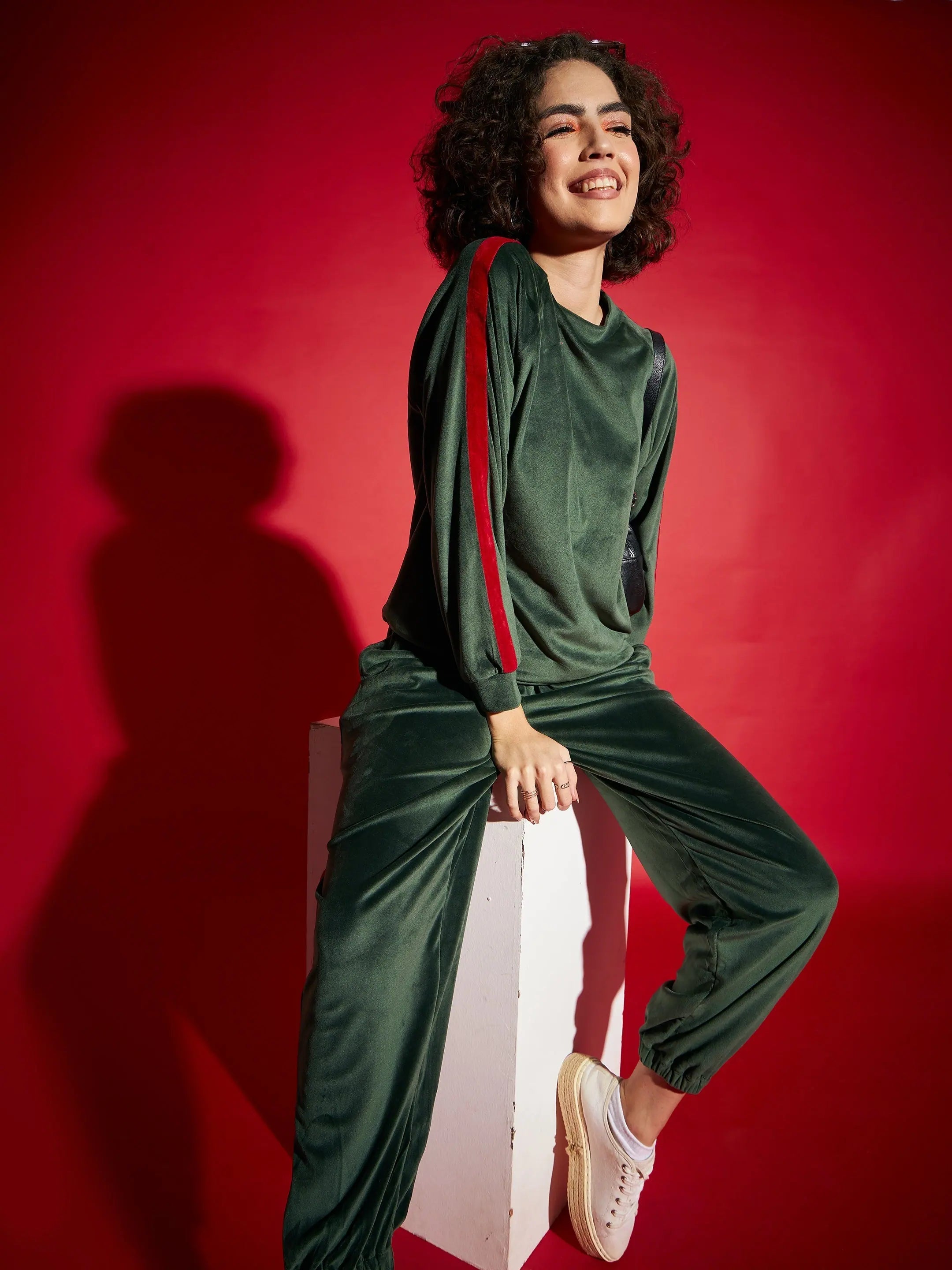 Women Emerald Velour Tape Detail Sweatshirt With Joggers Hoodie with Snap Buttons Easy Quick