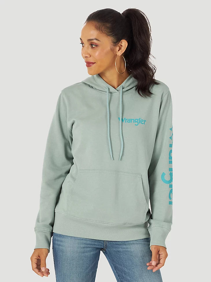 Sale ✨Washed Teal Wrangler Retro Logo Women's Hoodie Hoodie with Ribbed Neckline Snug Warm