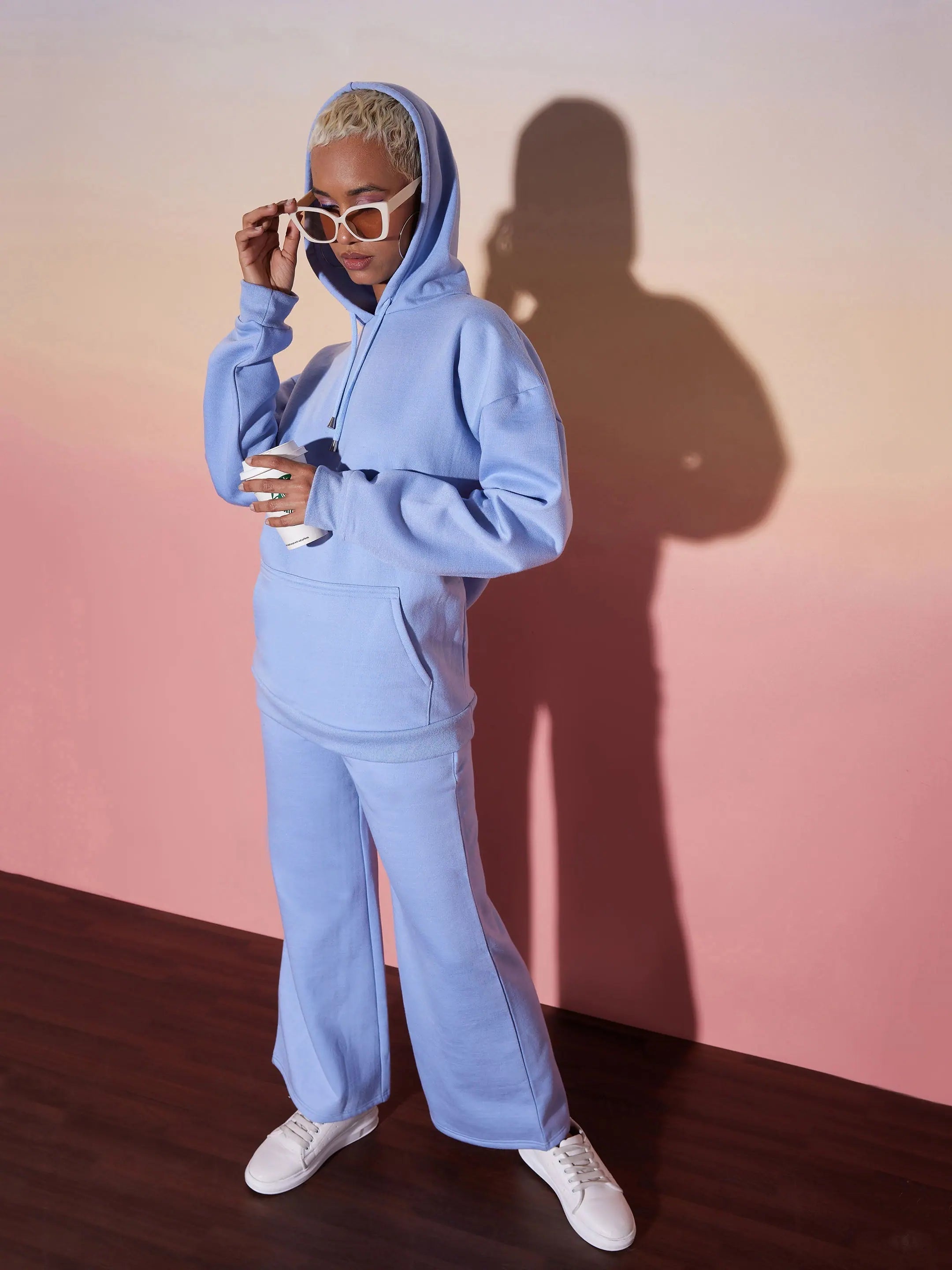 Women Aqua Blue Oversize Hooded Sweatshirt With Wide Leg Pants Hoodie with Back Slit Movement Comfort