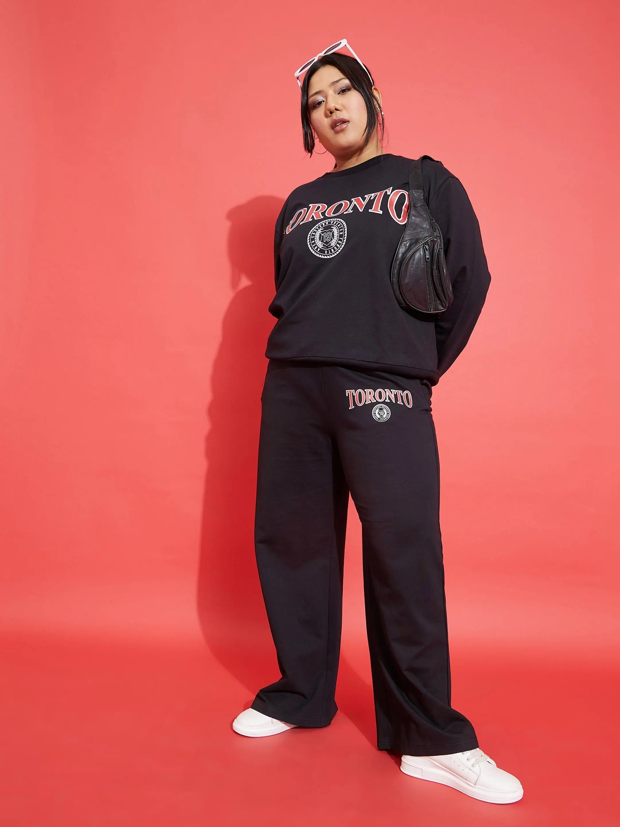 Women Black Toronto Terry Sweatshirt With Track Pants Zip Hoodie Drawstring Kangaroo Pocket