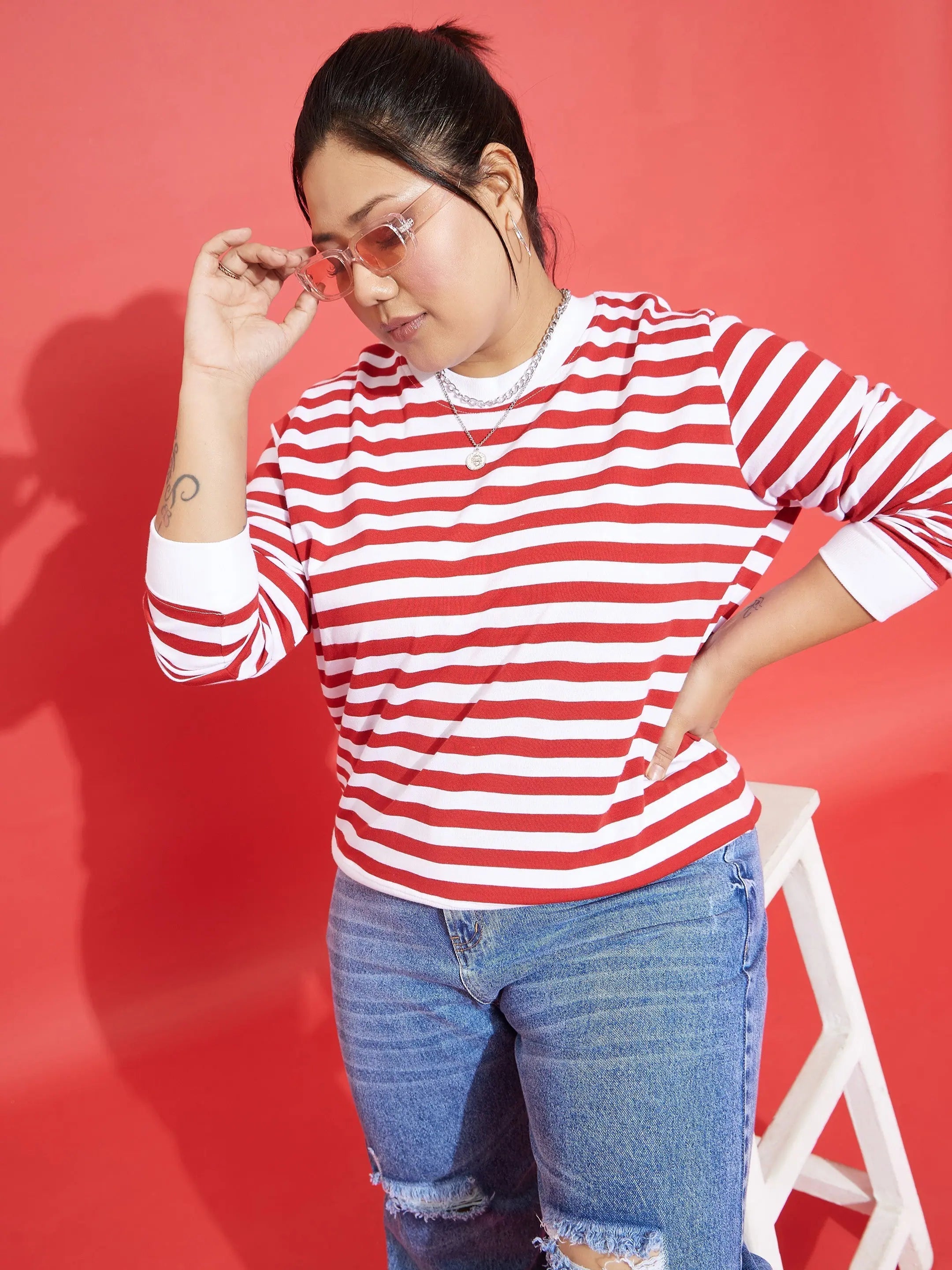 Women Red & White Fleece Striped Sweatshirt Hoodie with Cropped Fit Short Trendy