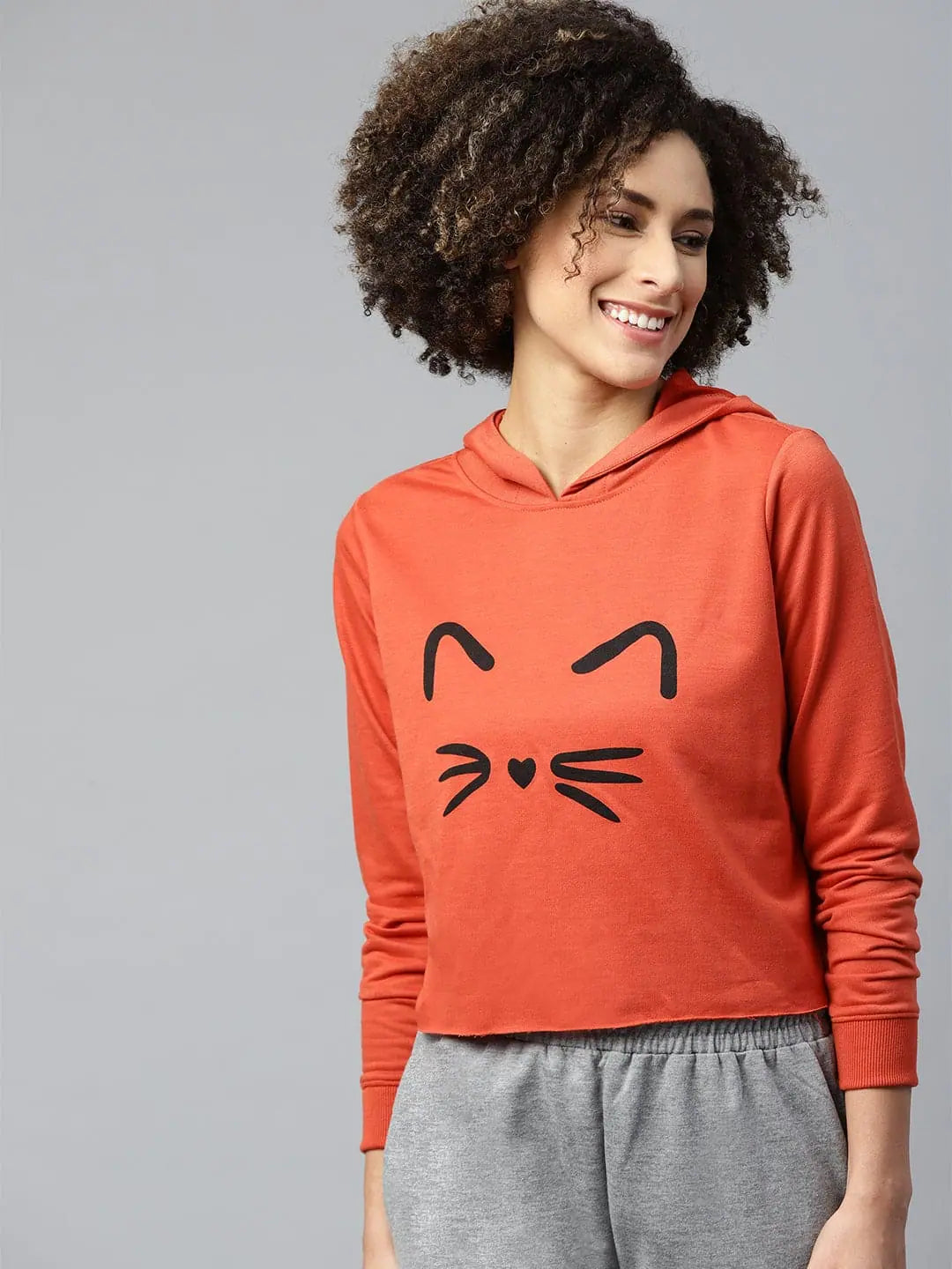 Rust Kitty Face Crop Hoodie Sweatshirt Hooded Sweatshirt Casual Wear Street Style