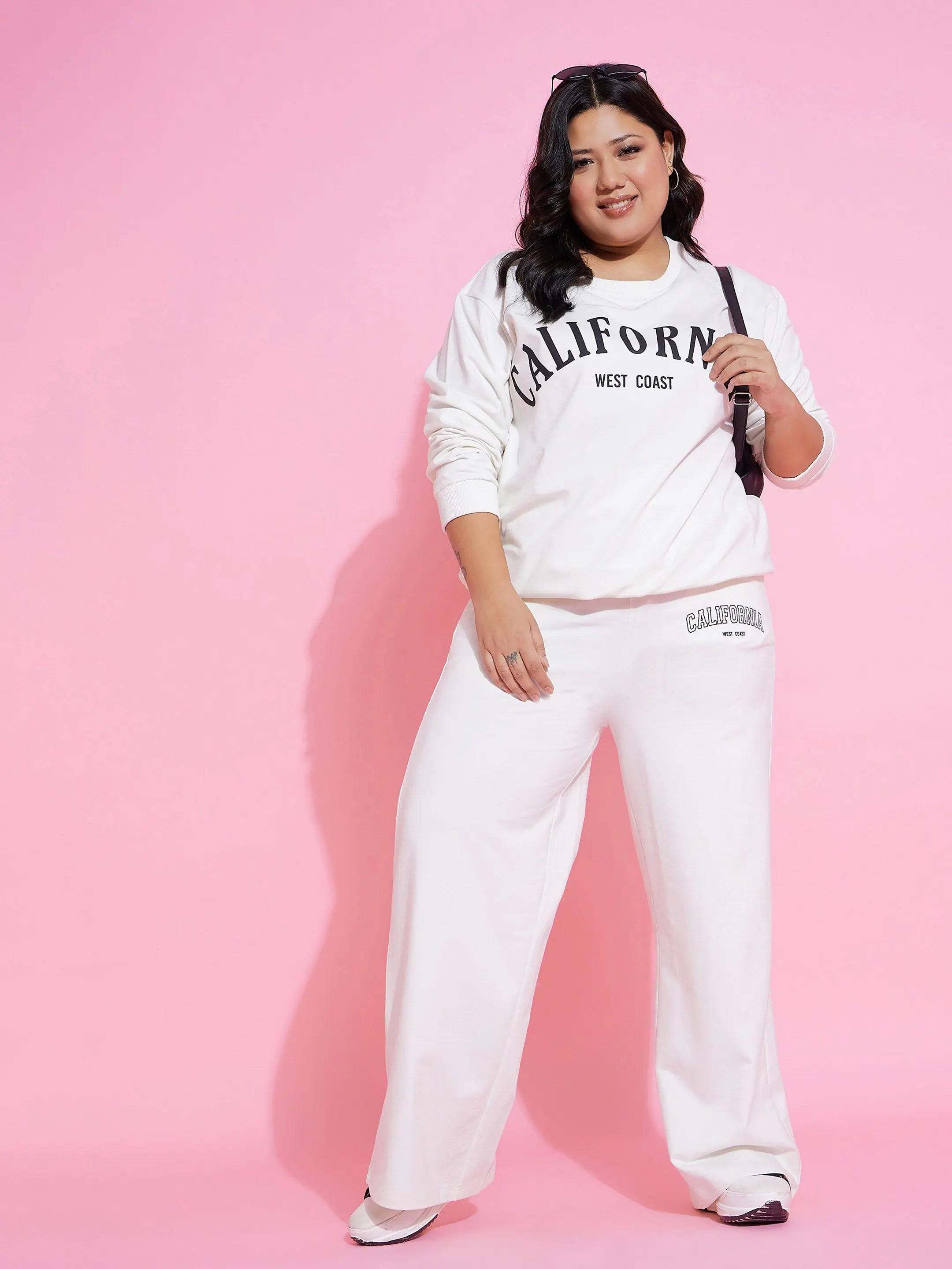 Women White Calfornia Terry Sweatshirt With Track Pants Cotton Hoodie Fleece Lining Warmth