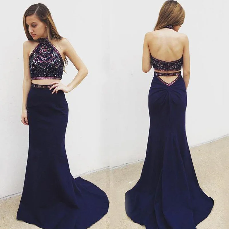 Halter Two Pieces Prom Dress, Beaded Top Backless Mermaid Prom Dress, KX517 Tunics Custom made