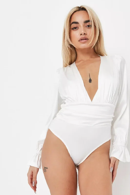 Petite White Plunge Long Sleeve Bodysuit Cozy Stretch Bodysuit