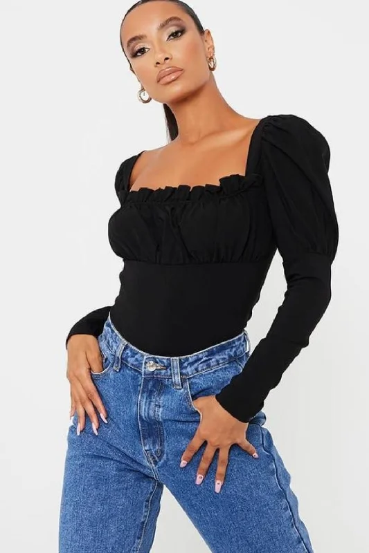 Bodysuit Black Puff Sleeve Top Elegant Bodysuit with Bow Detail