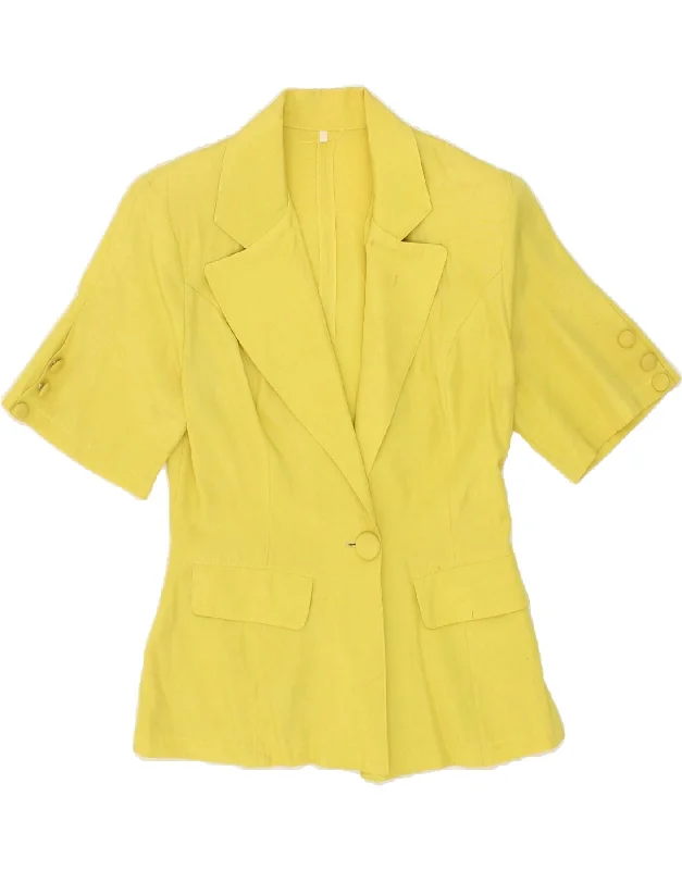 VINTAGE Womens 1 Button Short Sleeve Blazer Jacket UK 12 Medium Yellow Knit Fabric Woven Fabric Fleece Fabric