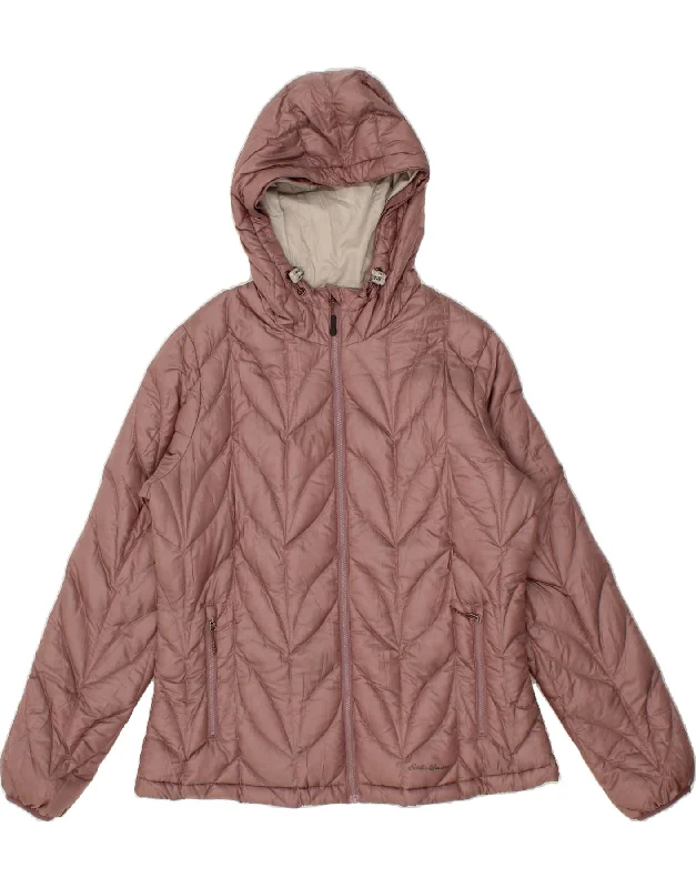 EDDIE BAUER Womens Hooded Padded Jacket UK 16 Large Pink Nylon Front Pockets Side Pockets Patch Pockets