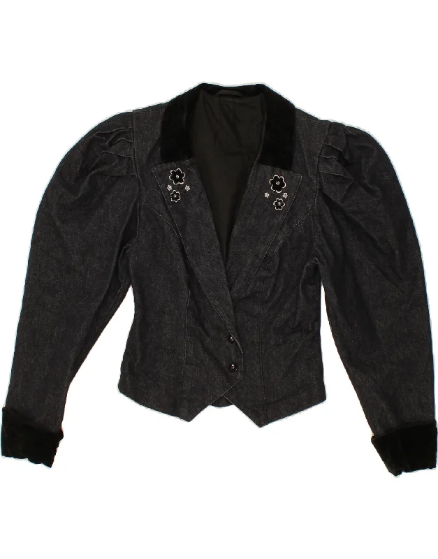 VINTAGE Womens Crop 2 Button Blazer Jacket UK 4 XS Black Floral Mesh Jacket Canvas Jacket Denim Jacket