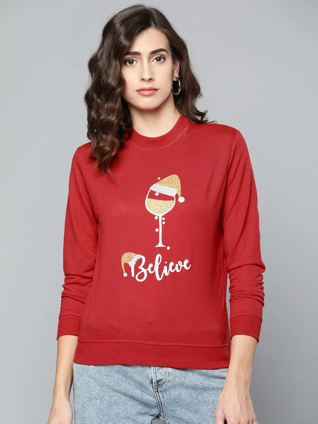 Red Terry BELIEVE Sweatshirt Hoodie with Sequins Glamorous Eye-catching