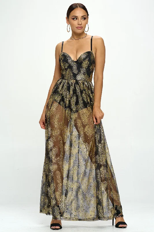 GOLD GLITTER SHEER MAXI DRESS WITH BODYSUIT LINING Chic Off-Shoulder Bodysuit