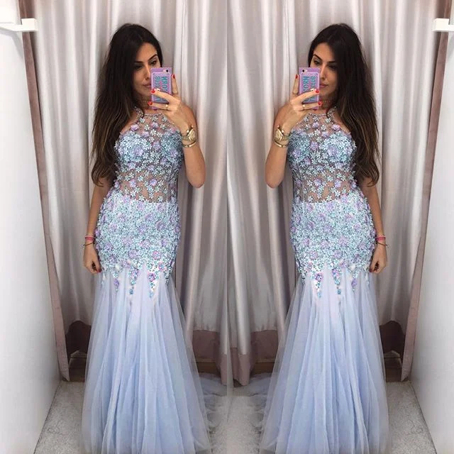 Halter Tulle Prom Dress, Backless Beaded Prom Dress, Mermaid Prom Dress, KX354 Tunics Stylish elegant