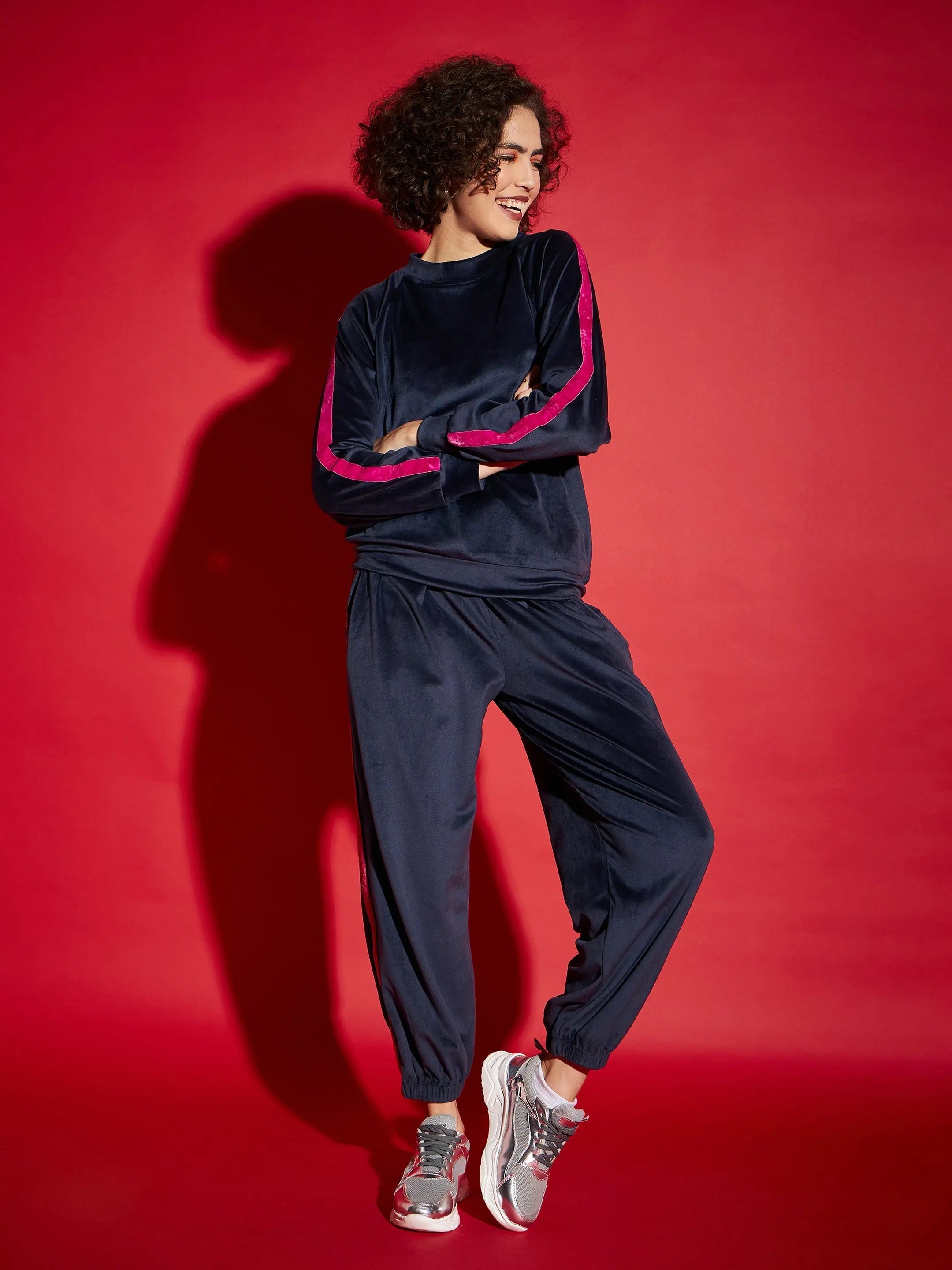 Women Navy Velour Tape Detail Sweatshirt With Joggers Hoodie with Hem Elastic Stretchable Comfortable