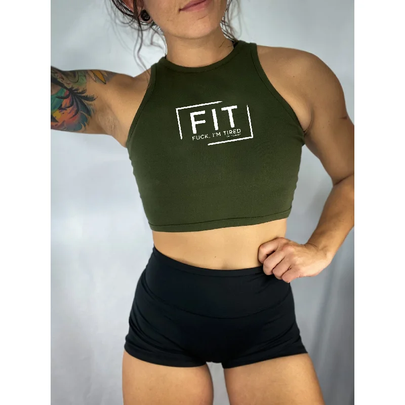 Salty Savage Ladies "FIT Fuck, I’m Tired" High Neck Cropped Tank | Micro cropped tank top