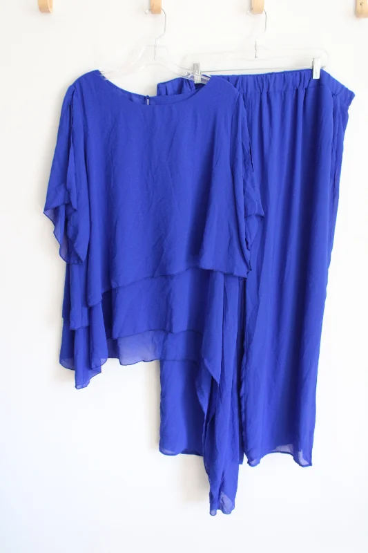 Cobalt Blue Chiffon 2 Piece Top & Pant Set | XXL Comfortable Denim Trousers