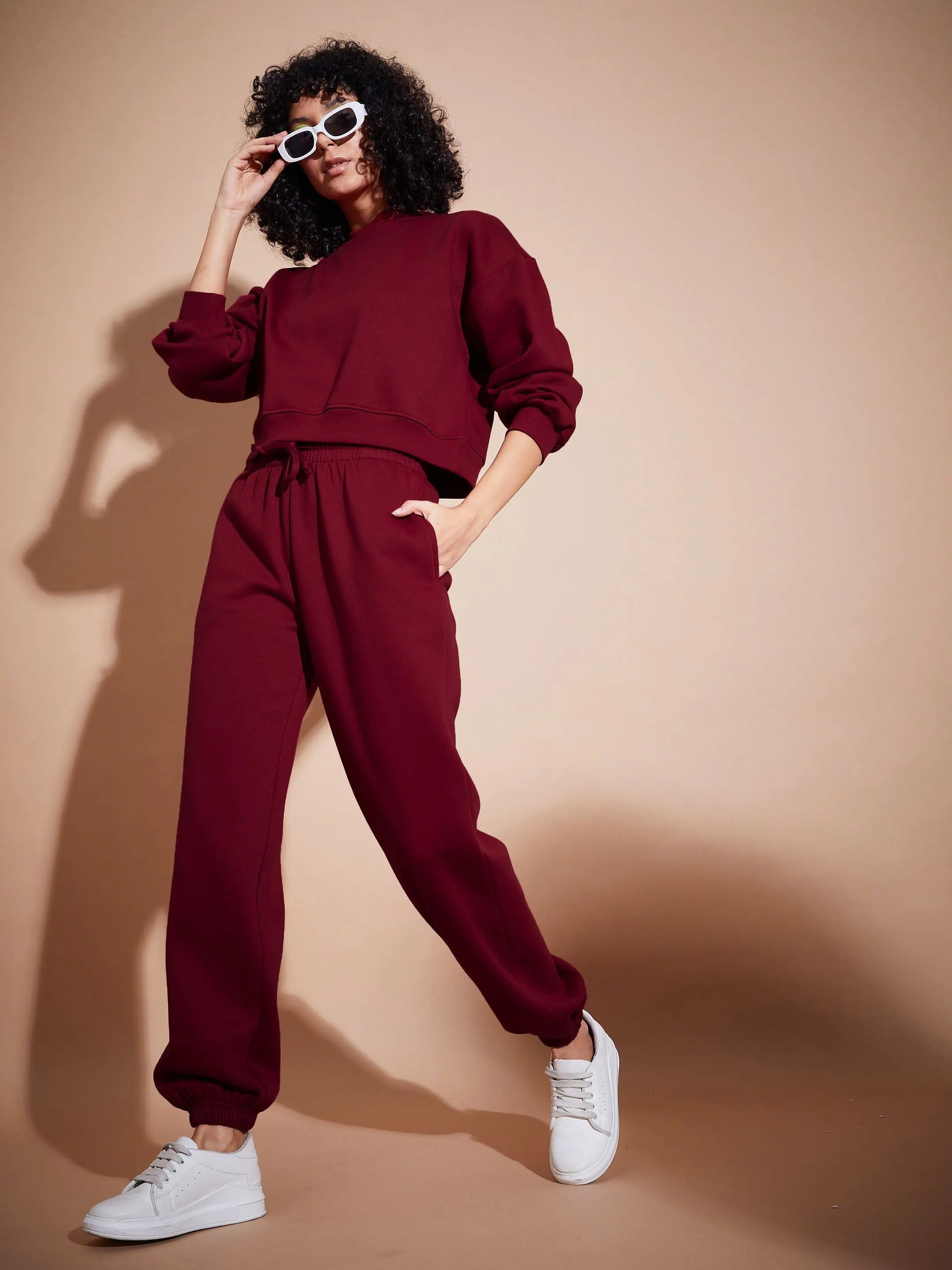 Women Maroon Premium Fleece Oversized Sweatshirt With Joggers Hoodie with Drop Shoulder Relaxed Streetwear