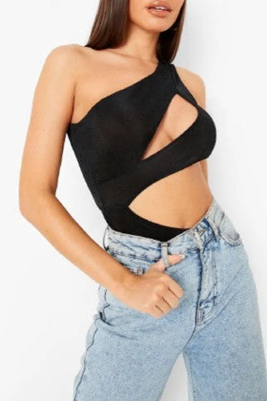 Black One Shoulder Cut Out Detail Bodysuit Fashionable Bodysuit with Snaps