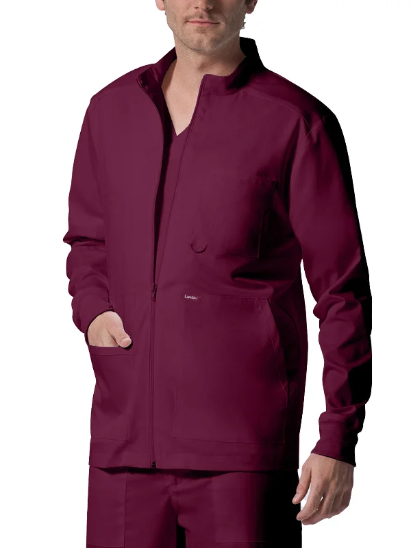 Men's 4-Pocket Mock Neck Zip-Front Scrub Jacket Front Pockets Side Pockets Patch Pockets