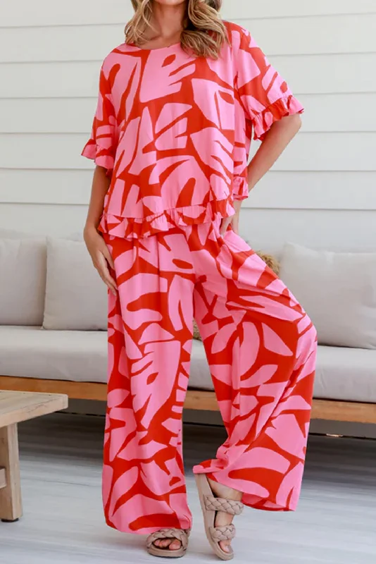 Strawberry Pink Abstract Palm Printed Ruffled Top and Wide Leg Pants Set Comfy Athletic Pants