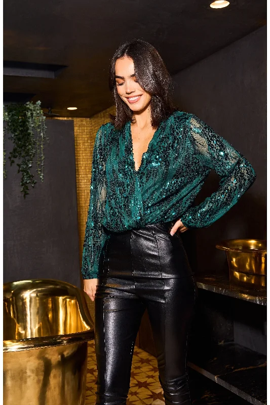 Urban Touch Sequin Wrap Bodysuit With Long Sleeve Fashionable Cropped Bodysuit