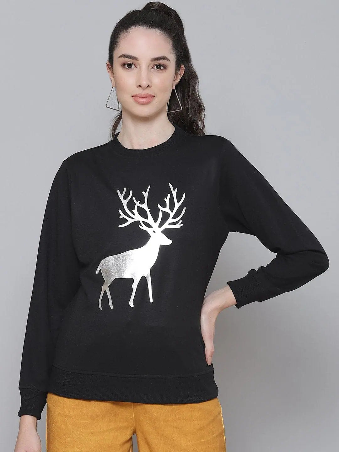 Black Terry Silver REINDEER Sweatshirt Hoodie with Emblem Brand Identity