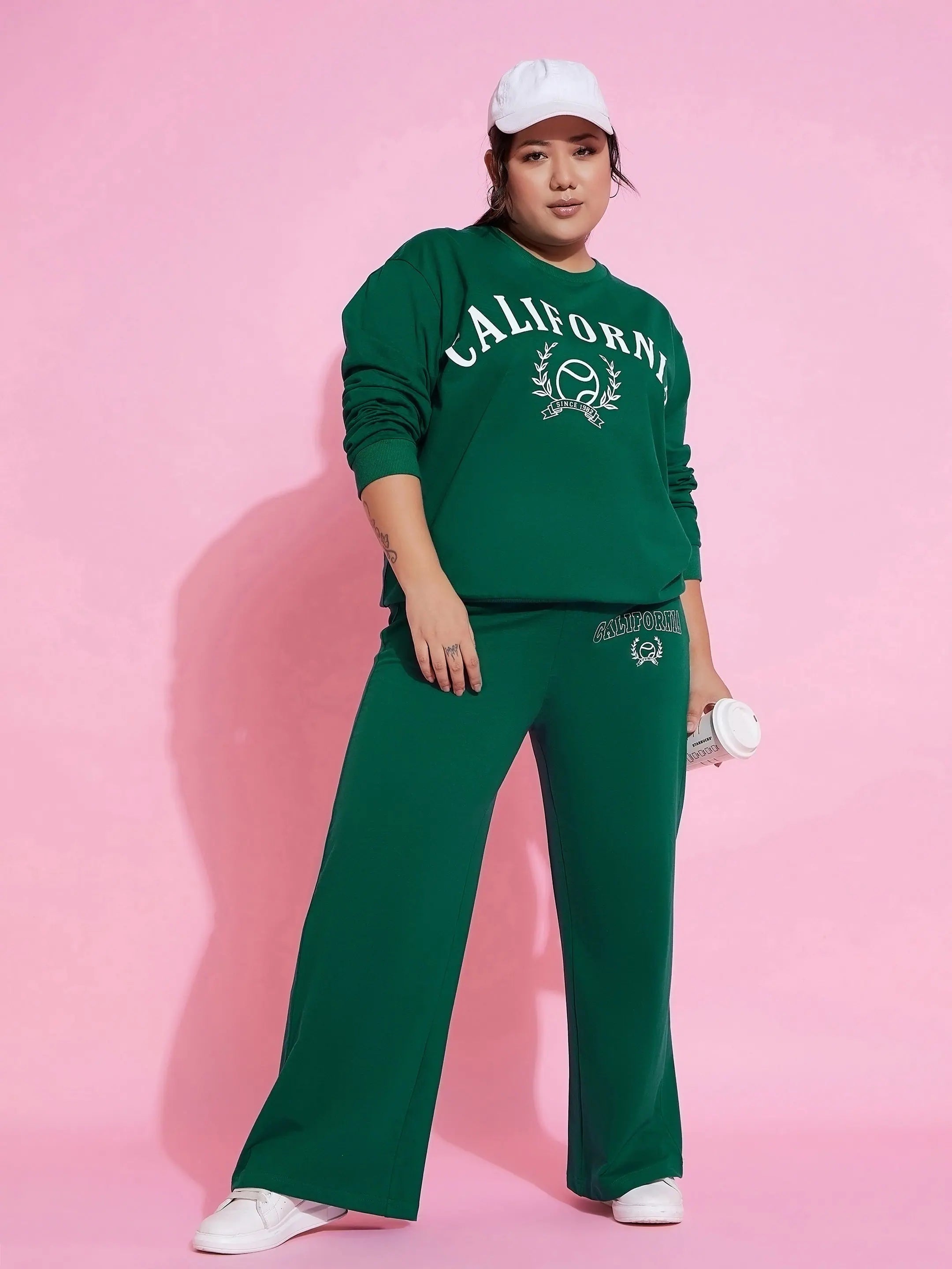 Women Green Calfornia Terry Sweatshirt With Track Pants Graphic Hoodie Design Print