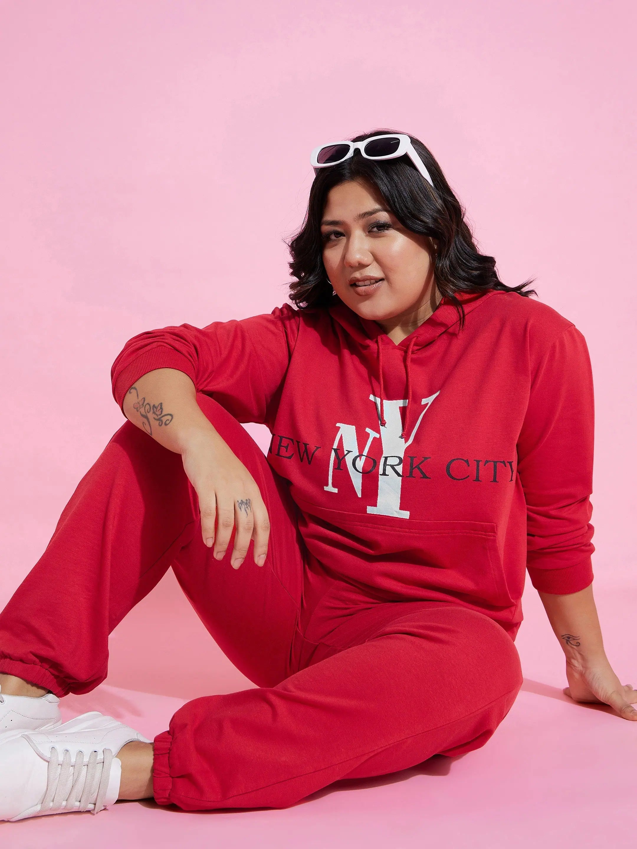 Women Red New Yoke Terry Hoodie With Joggers Hoodie Dress Longline Feminine