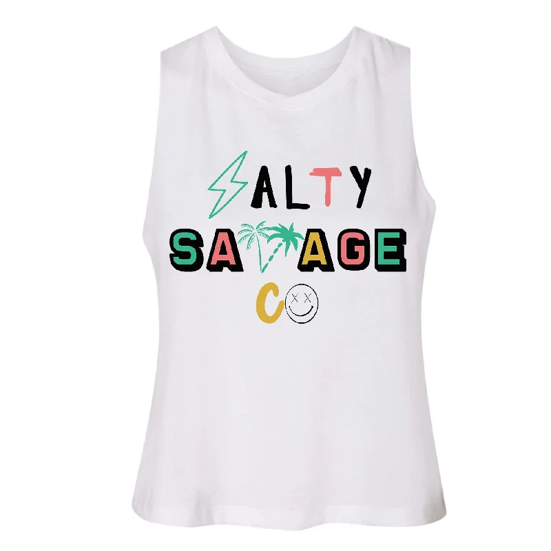 Salty Savage Ladies "90's Logo" Flowy Racerback Crop Tank | Summer Beach Edition vintage tank top