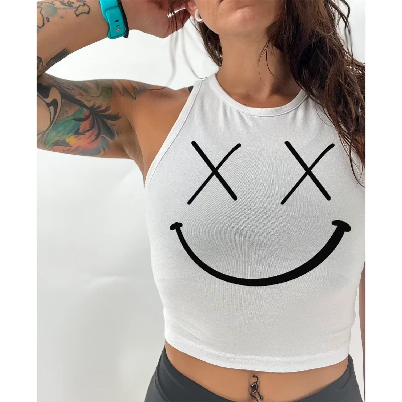 Salty Savage Ladies "Shadow Smile" High Neck Sleeveless Crop Tank | White/Black off shoulder tank