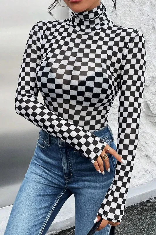 Hazel Blues® |  Checkered Turtleneck Long Sleeve Bodysuit Stylish Off-Shoulder Long Sleeve Bodysuit