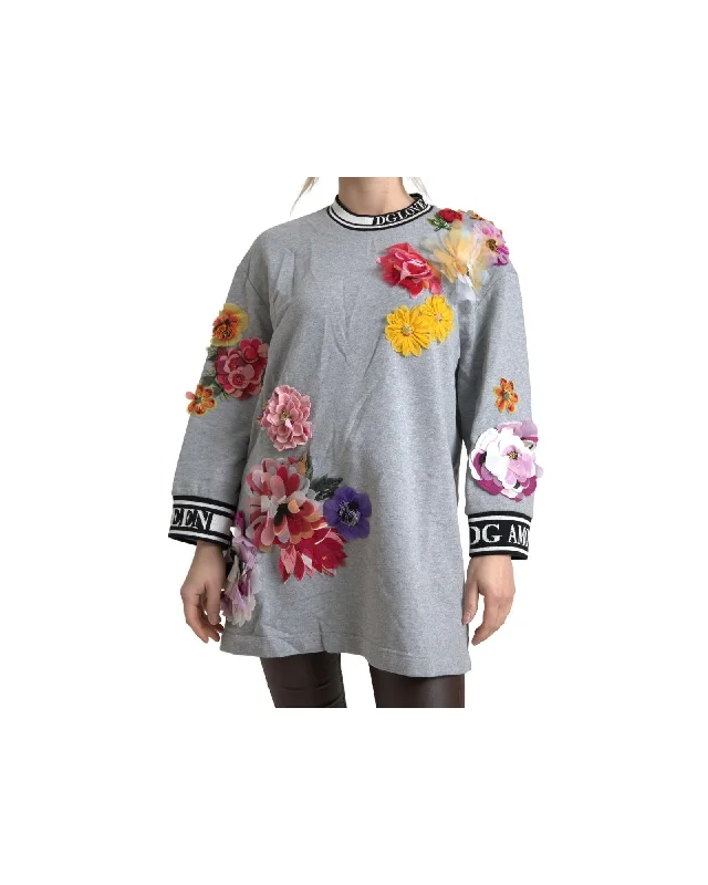 Dolce & Gabbana  Floral Applique Sweatshirt - Gray Hoodie with Ribbed Hem Stretchable Secure