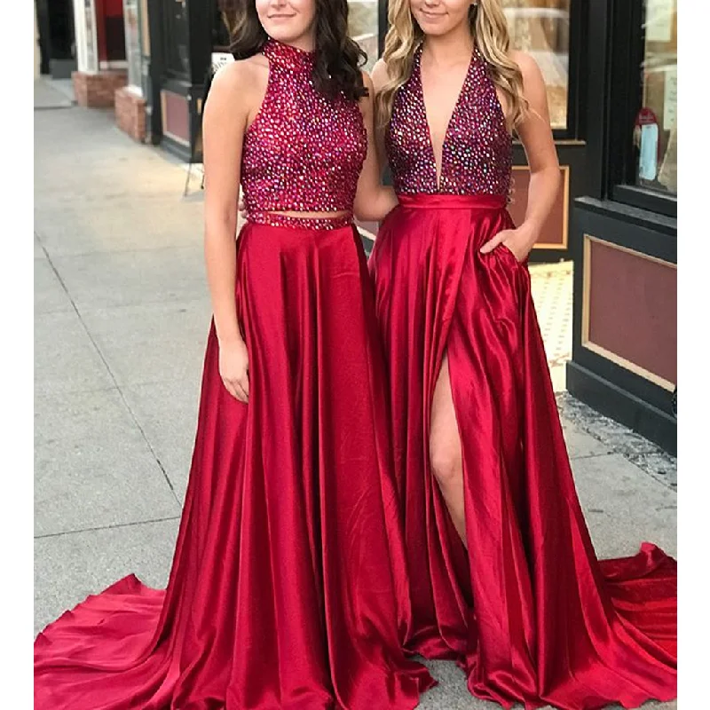 Beaded Top A-Line Prom Dresses, Red Satin Backless Prom Dress, KX669 Tunics Cozy soft