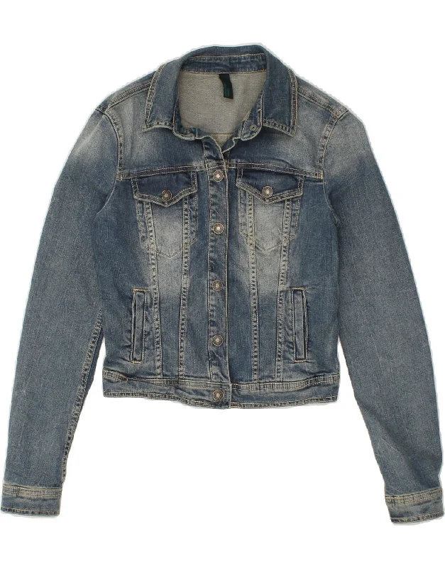 BENETTON Womens Crop Denim Jacket UK 10 Small Blue Cotton A-Line Jacket Boat Neck Shawl Collar