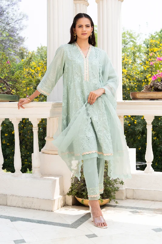 Sea-Green Floral Embroidered short anarkali kurta set with dhoti pants Trendy Wide-Leg Pants