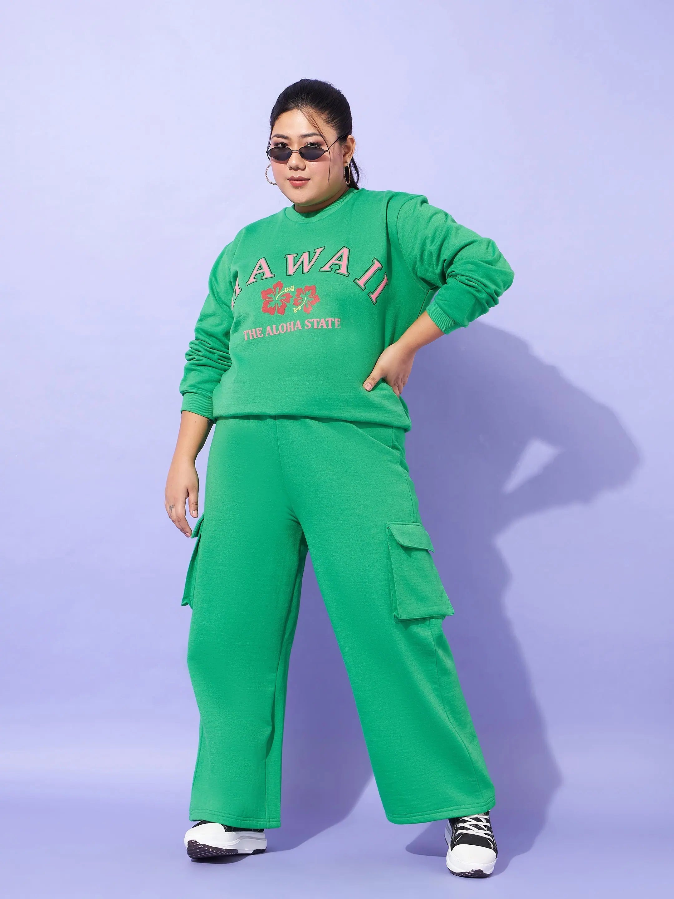 Women Green Fleece Hawaii Sweatshirt With Track Pants Hoodie Jacket Zipper Layering