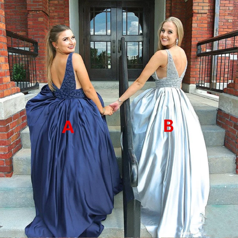 Charming A-Line Satin Prom Dress, Beaded Top V-Back Prom Dress, KX273 Tunics Timeless classic